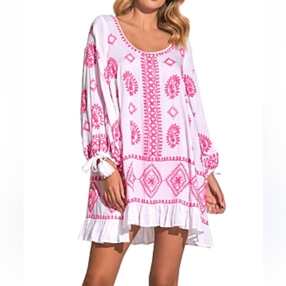 Elan Embroidered Scoop Neck Dress White Pink Balloon Sleeve Coastal Cowgirl-S